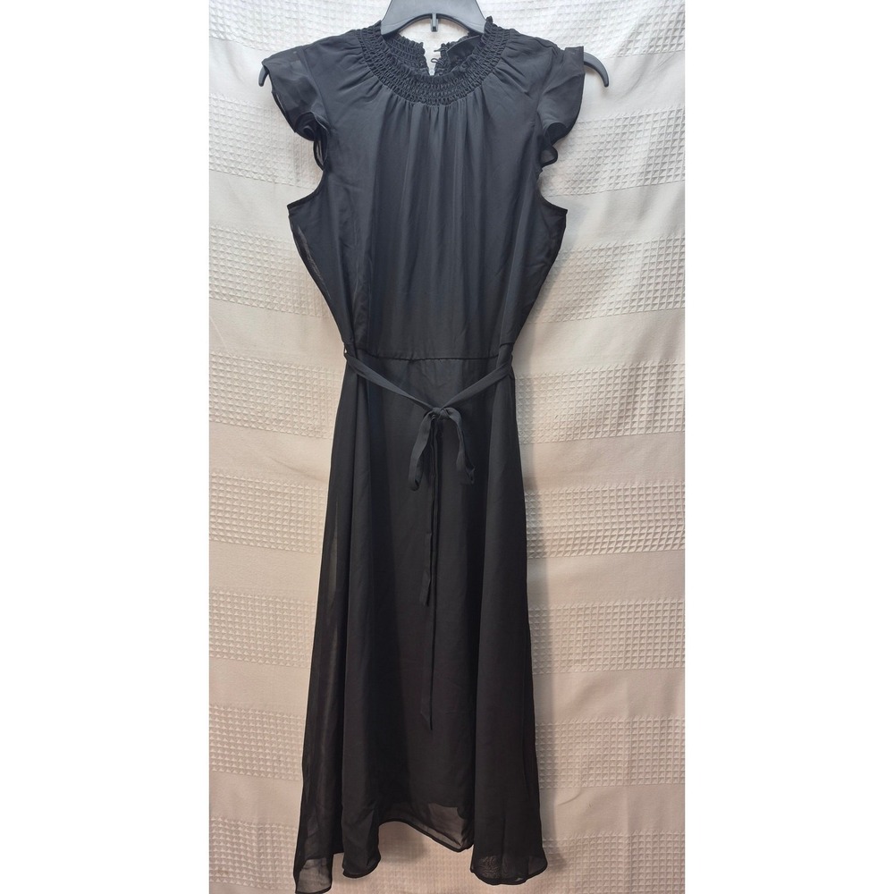 Nina Leonard Black Sleeveless Midi Dress Women Size M Ruffle Tie Fit Flare 7346